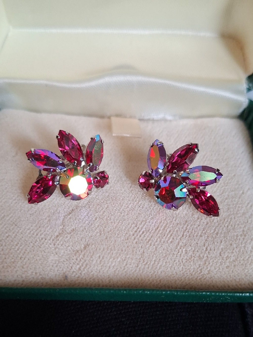 Signed Sherman Red Rhinestone Clip On Earrings
